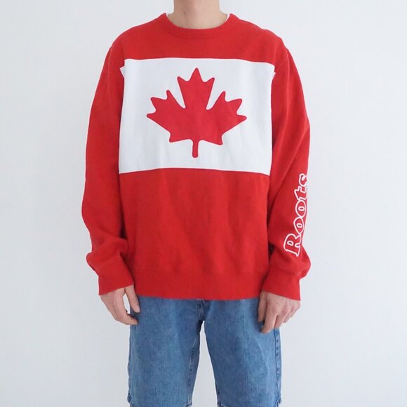 Roots Canada Cotton Flag Sweatshirt Red White Minimalist Sporty Heritage XXL - Picture 1 of 10